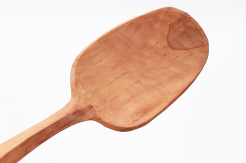 A wooden spoon on a white background. Angled upwards to the right. Carving marks are visible so that its handmade nature can't be denied. A tiny half-moon of heartwood faces outward from the front of the spoon.